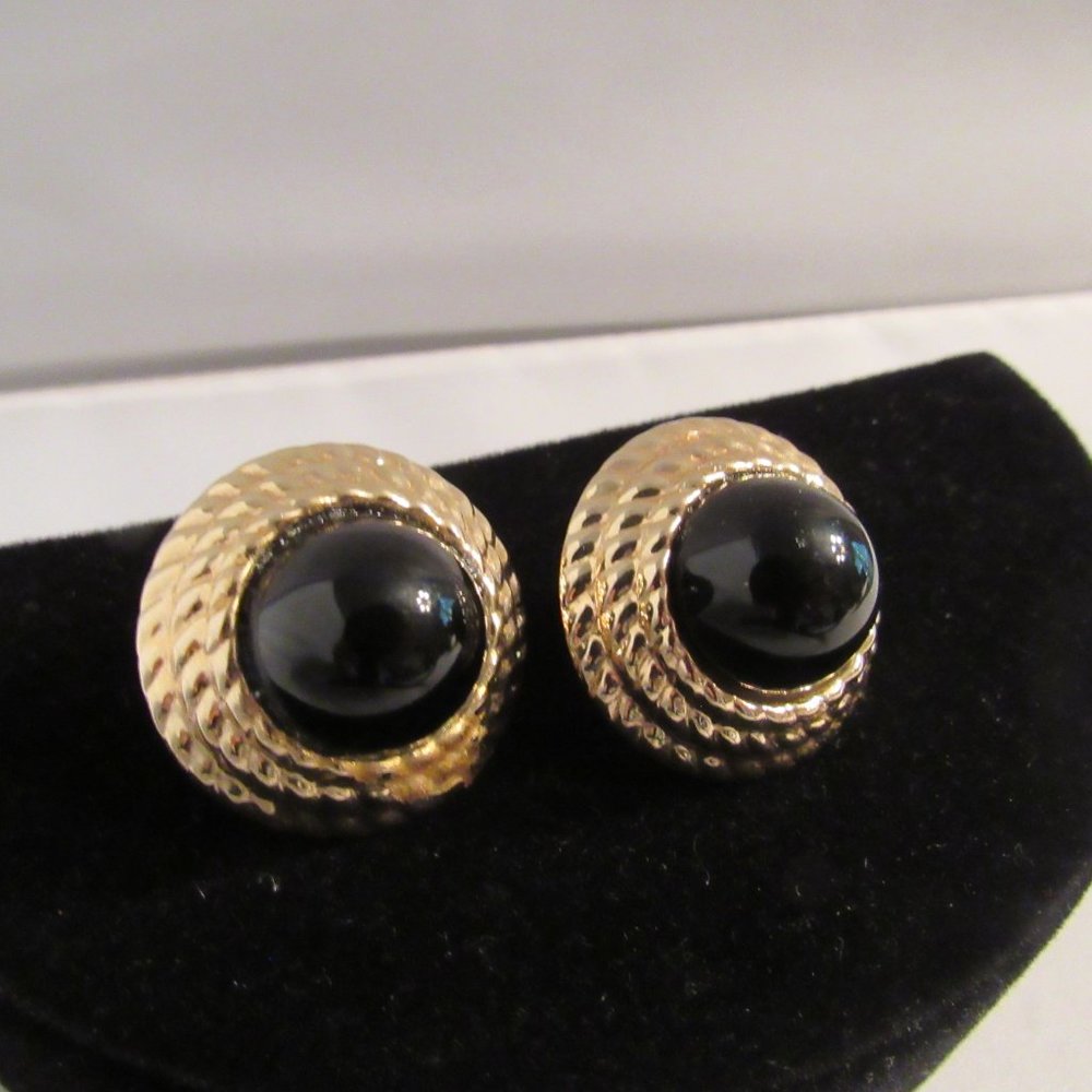 Stunning Large 14K Gold and Onyx Earrings - Omega Backs